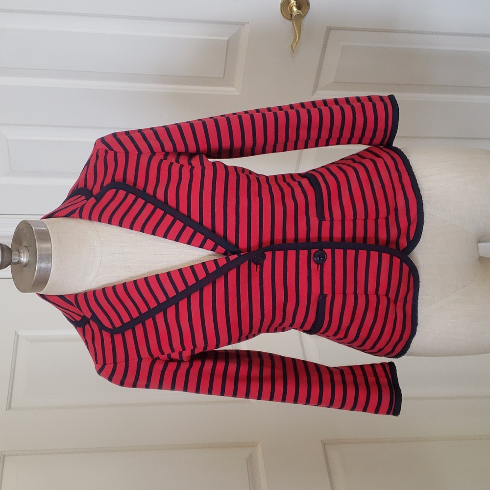 TALBOTS Nautical Striped Knit Blazer Jacket Red Navy XS Petite Anchor Button - Picture 3 of 12